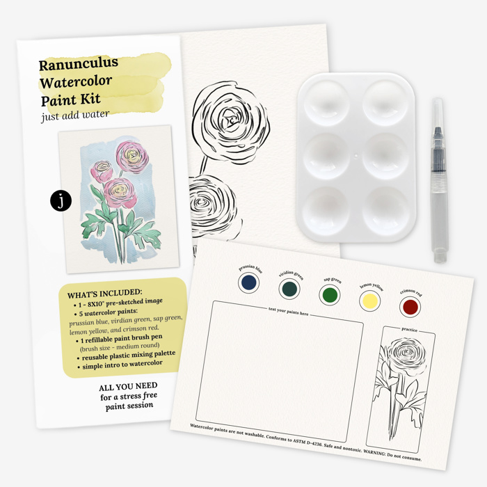 Ranunculus Watercolor Paint Kit | Just Add Water Pre-Sketched Art Set Gift