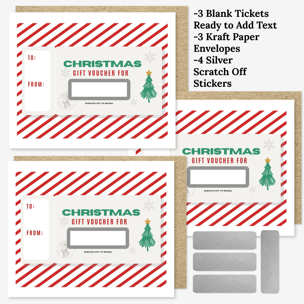 3 PK DIY Scratch Off Sticker Christmas Voucher Cards + Envelopes