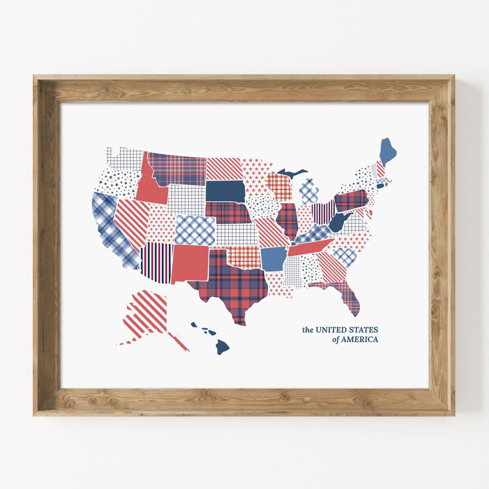 US Map Art Print | Hand Illustrated Florals | Red White and Blue Pattern