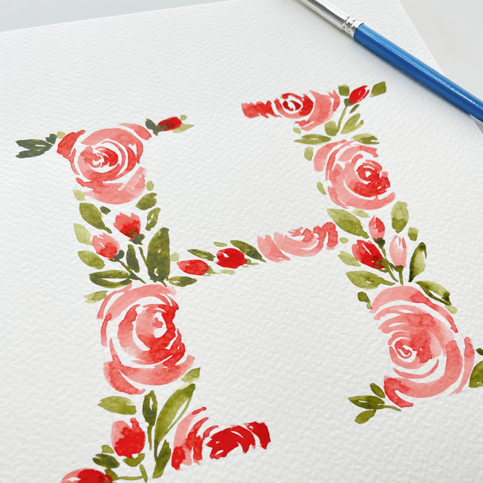Hand Painted Initial | Rose Floral Monogram Letter | Original Painting