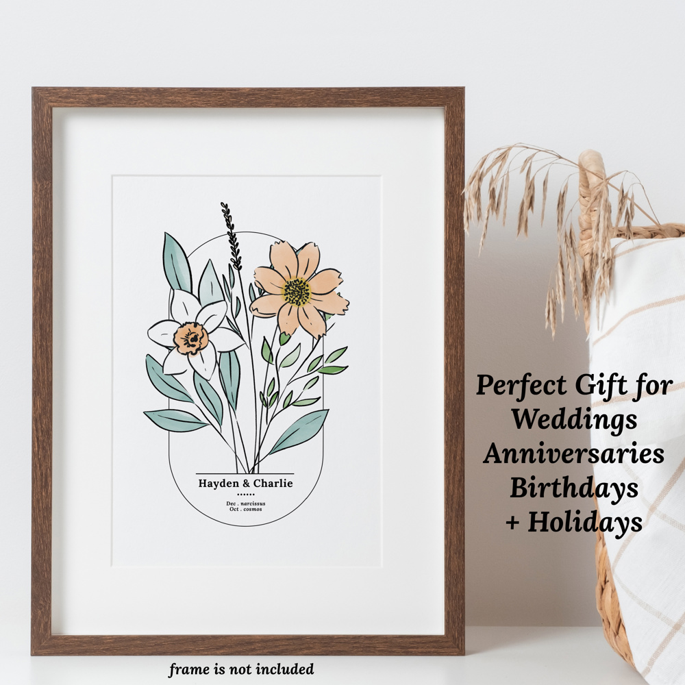 Couples Birth Flower Bouquet Art Print | Personalized Wedding Gift