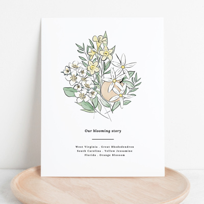 Custom State Flower Bouquet Print up to 8 Flowers