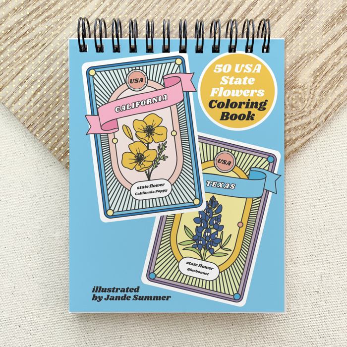 Mini US State Flowers Coloring Book 50 Pages Illustrated by Jande Summer | Spiral Bound Pocket Size 4.25X6"