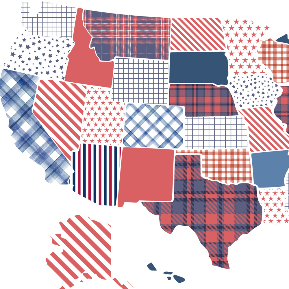 US Map Art Print | Hand Illustrated Florals | Red White and Blue Pattern