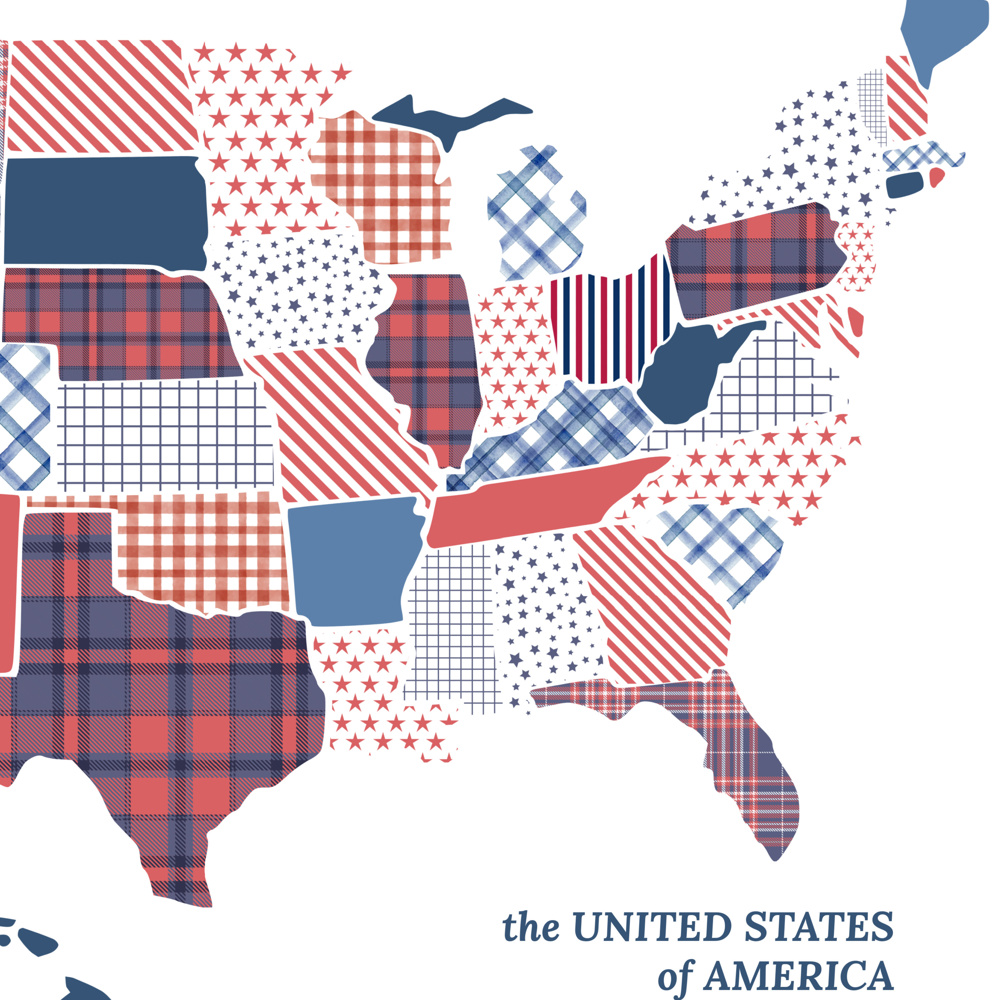 US Map Art Print | Hand Illustrated Florals | Red White and Blue Pattern