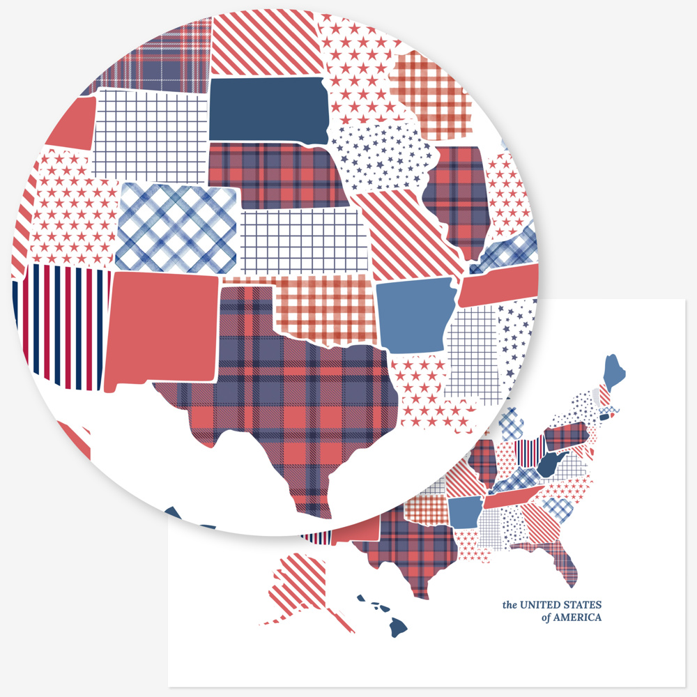 US Map Art Print | Hand Illustrated Florals | Red White and Blue Pattern