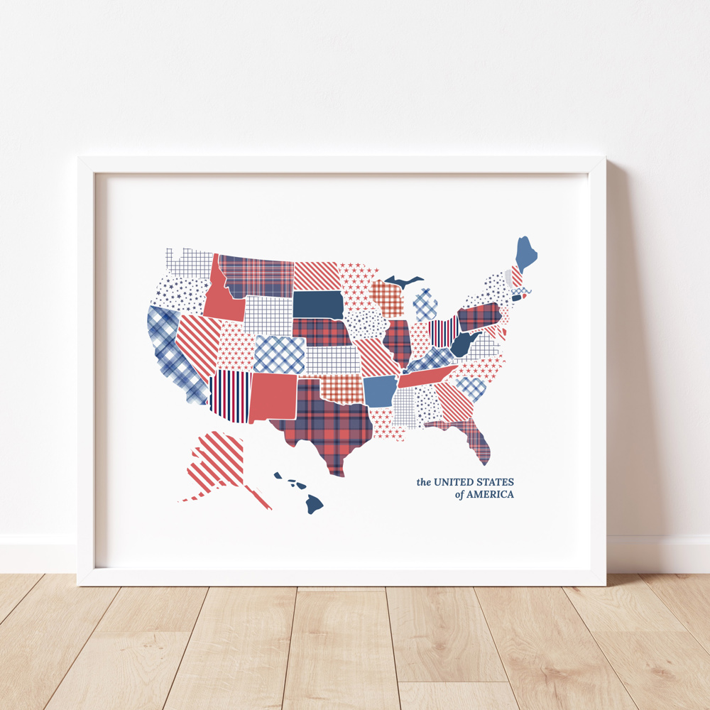 US Map Art Print | Hand Illustrated Florals | Red White and Blue Pattern