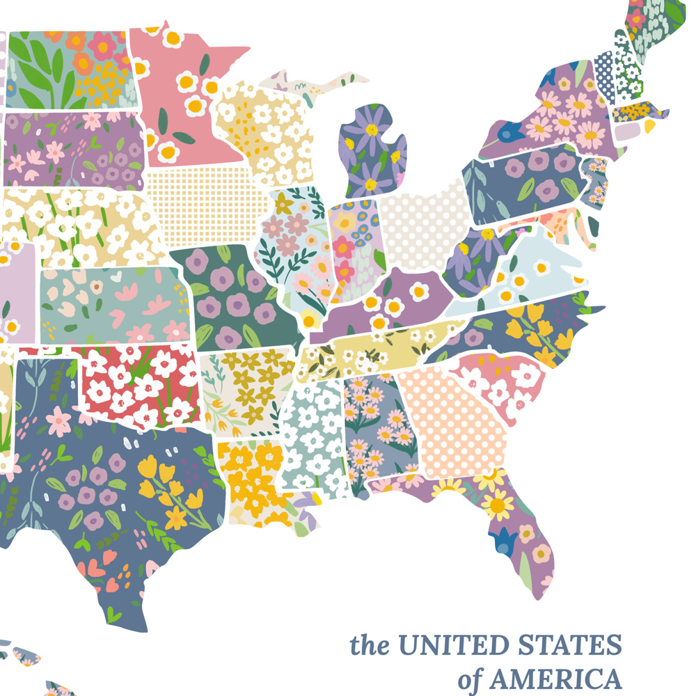 US Map Art Print | Hand Illustrated Florals | Red White and Blue Pattern