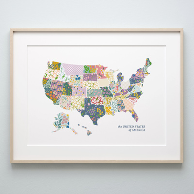 US Map Art Print | Hand Illustrated Florals | Red White and Blue Pattern