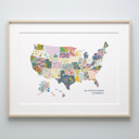  US Map Art Print | Hand Illustrated Florals | Red White and Blue Pattern