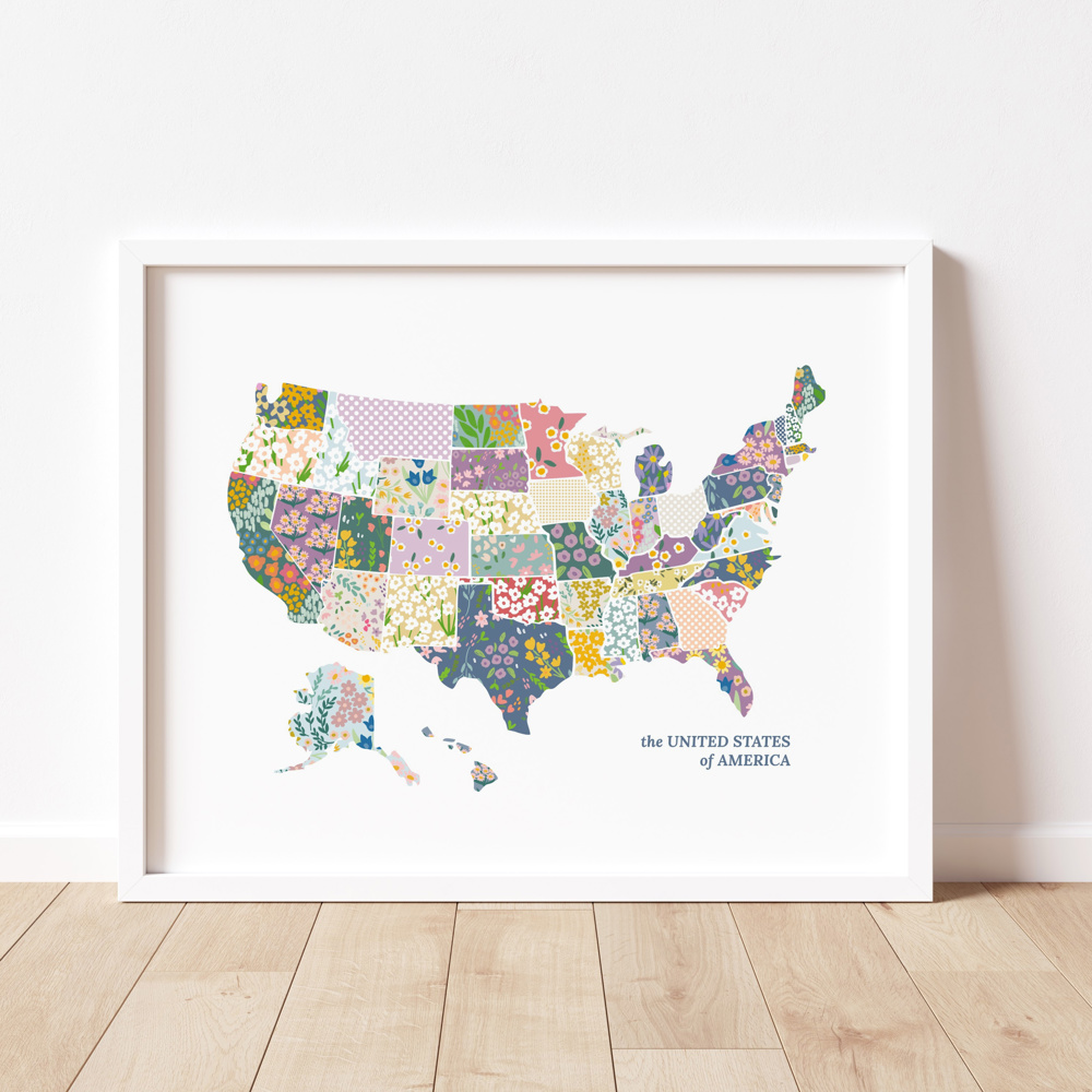 US Map Art Print | Hand Illustrated Florals | Red White and Blue Pattern