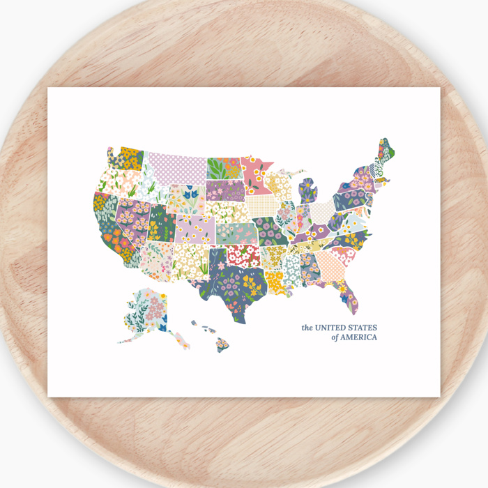 US Map Art Print | Hand Illustrated Florals | 2 Options