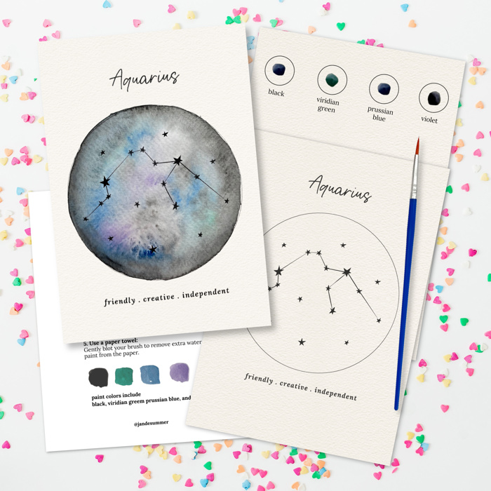 2 PK Couples Zodiac Star Chart Paint Kits | 2 Pre-Sketched 5X7 in Cards with Brush and Watercolor Paints for Date Night