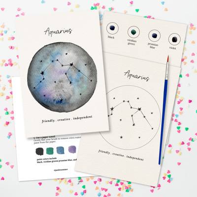 2 PK Couples Zodiac Star Chart Paint Kits | 2 Pre-Sketched 5X7 in Cards with Brush and Watercolor Paints for Date Night
