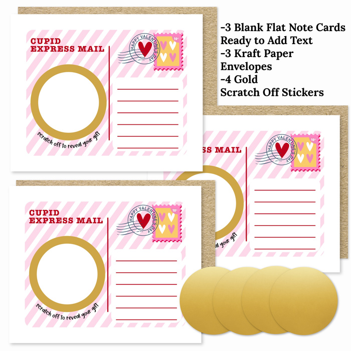 3 PK Scratch Off Valentines Day Gift Voucher Note Cards + Envelopes