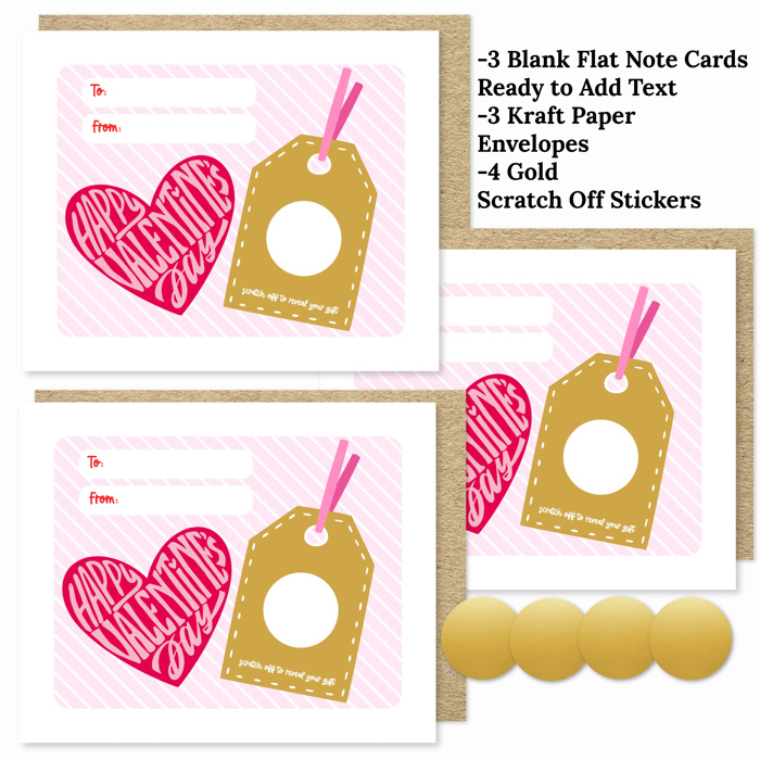 3 PK Scratch Off Valentines Day Gift Note Cards + Envelopes and Stickers