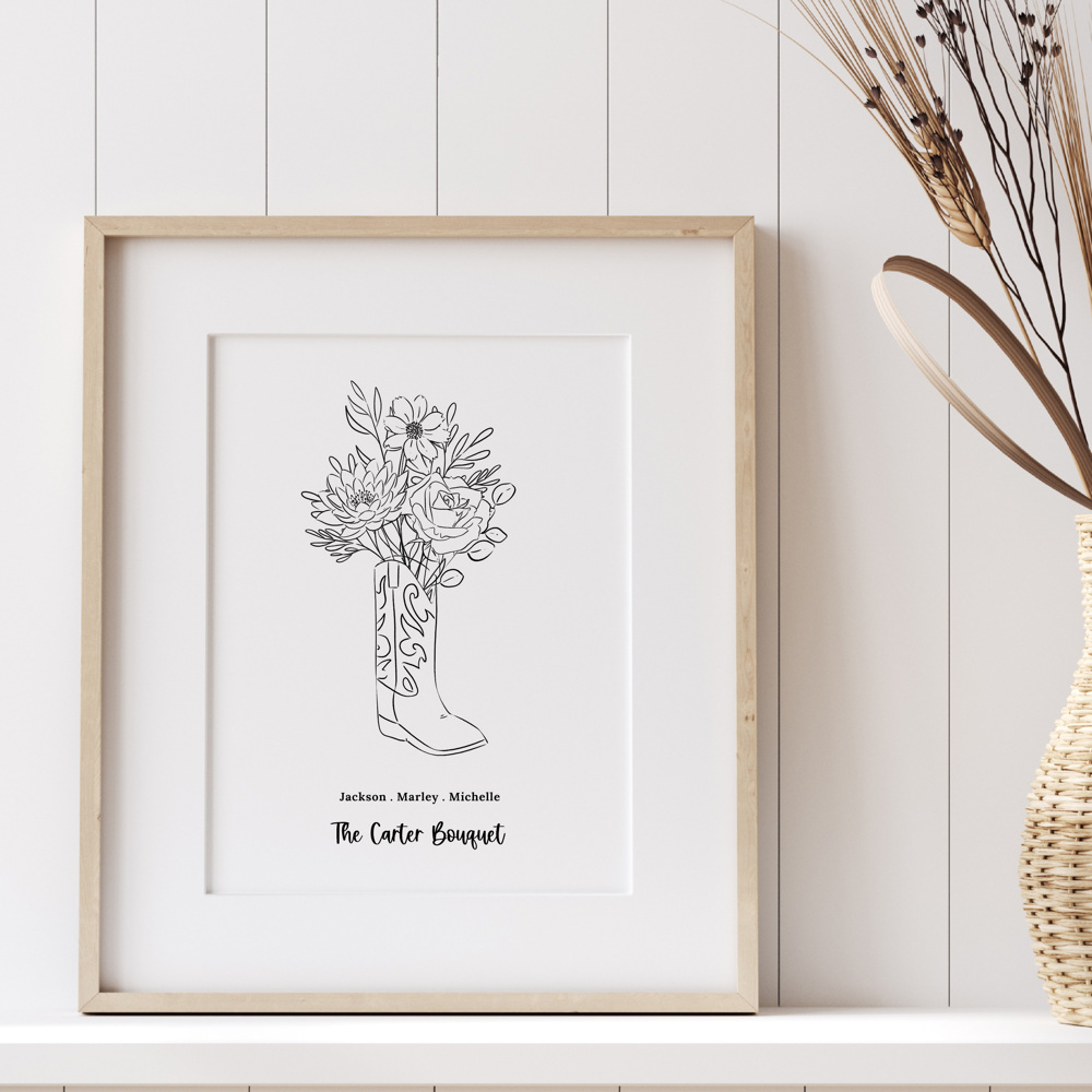 Birth Flower Sketched Boot Bouquet | Add up to 8 Flowers