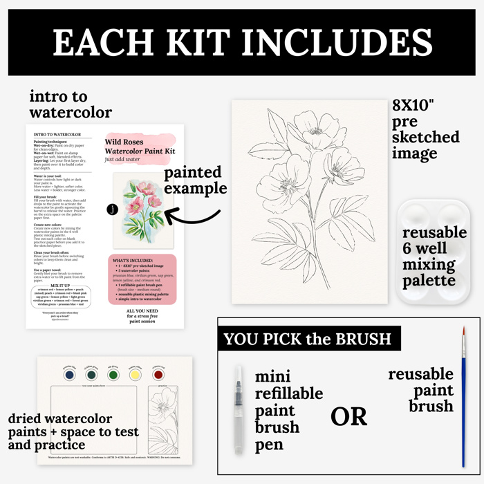 Wild Rose Watercolor Paint Kit | Pre-Sketched Art Set Just Add Water