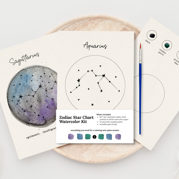 2 PK Couples Zodiac Star Chart Paint Kits | 2 Pre-Sketched 5X7 in Cards with Brush and Watercolor Paints for Date Night