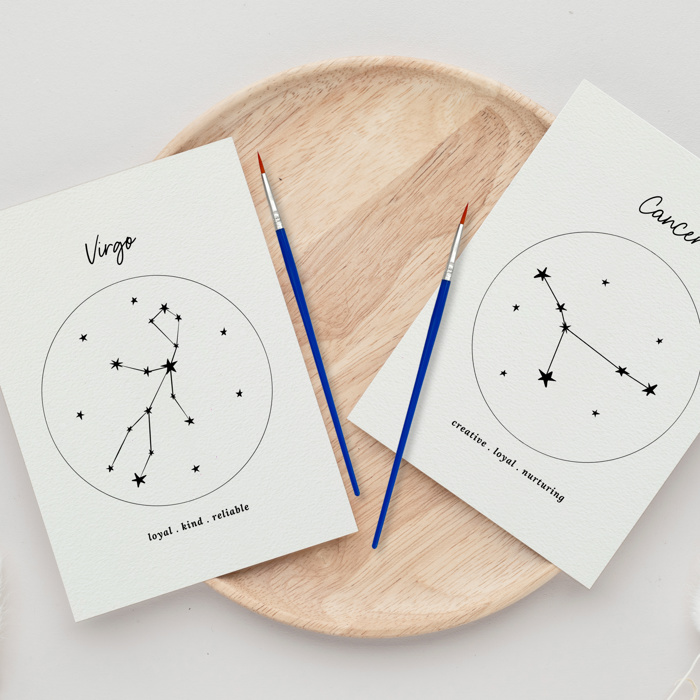 2 PK Couples Zodiac Star Chart Paint Kits | 2 Pre-Sketched 5X7 in Cards with Brush and Watercolor Paints for Date Night