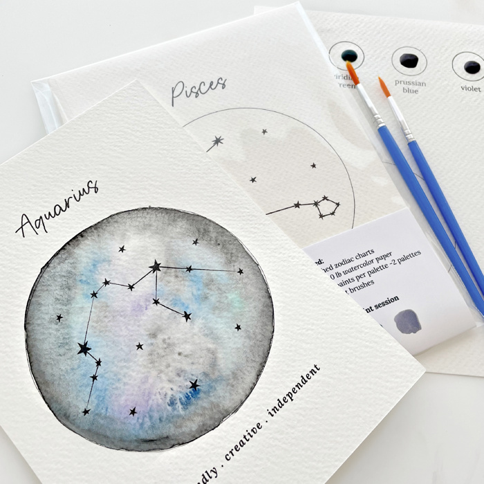 2 PK Couples Zodiac Star Chart Paint Kits | 2 Pre-Sketched 5X7 in Cards with Brush and Watercolor Paints for Date Night