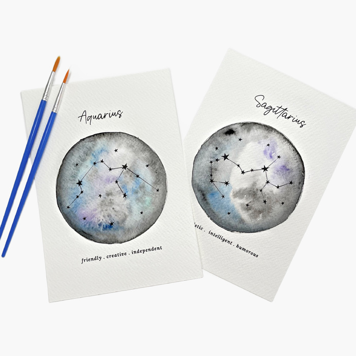 2 PK Couples Zodiac Star Chart Paint Kits | 2 Pre-Sketched 5X7 in Cards with Brush and Watercolor Paints for Date Night