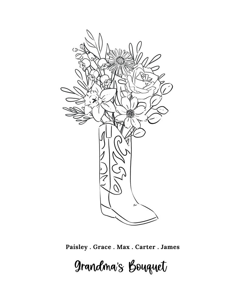 Birth Flower Sketched Boot Bouquet | Add up to 8 Flowers