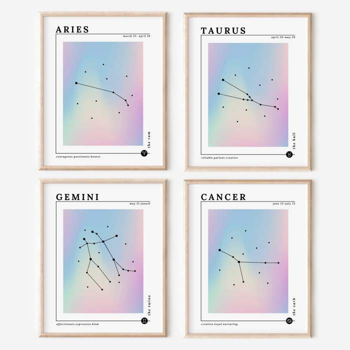 Zodiac Prints | Dreamy Iridescent Horoscope Unframed Art