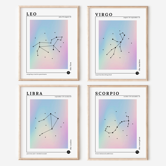 Zodiac Prints | Dreamy Iridescent Horoscope Unframed Art