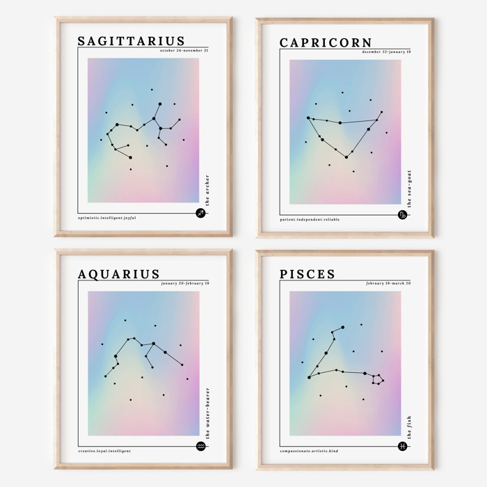 Zodiac Prints | Dreamy Iridescent Horoscope Unframed Art