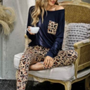  Long Sleeve Top and Leopard Print Pants Lounge Set