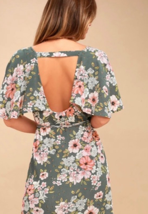 Green Floral V Neck Open Back Mini Dress