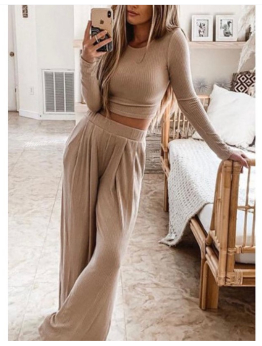 Beige Ribbed Crop Top Long Pants Set