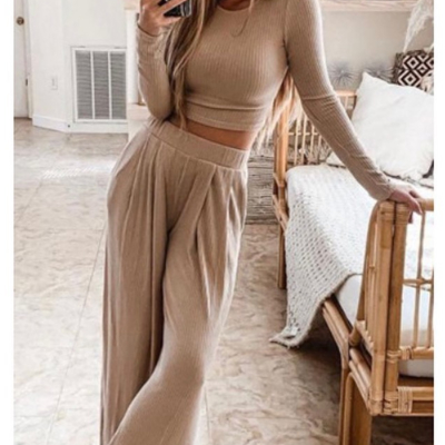 Beige Ribbed Crop Top Long Pants Set
