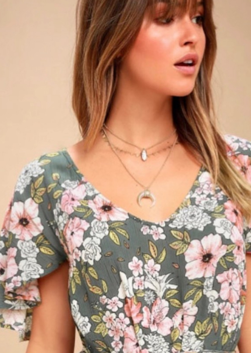 Green Floral V Neck Open Back Mini Dress