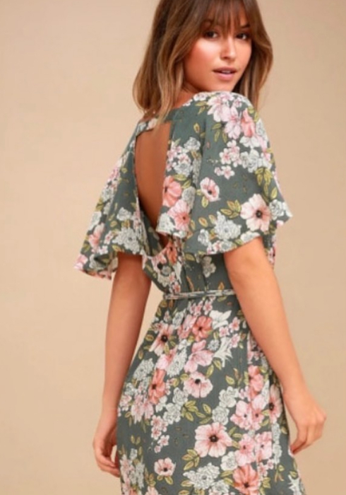 Green Floral V Neck Open Back Mini Dress