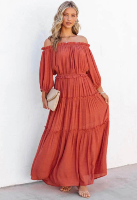 Ruffled Tiered Off Shoulder Maxi Dress