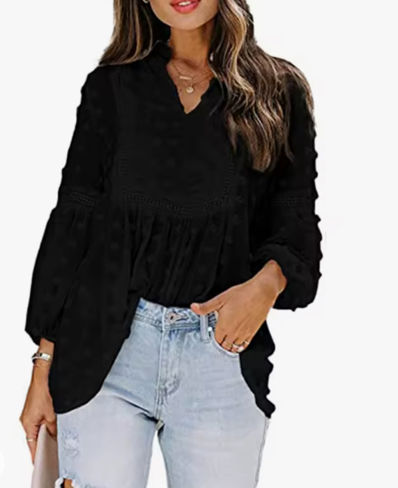 Ruffled Split Neck Lace Hollow Out Puff Sleeve Polka Dot Blouse | 4 Colors |