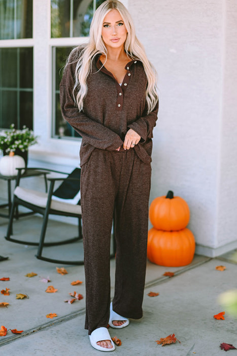 Brown Ribbed Knit Collared Henley Top and Pants Lounge Set