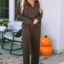  Brown Ribbed Knit Collared Henley Top and Pants Lounge Set