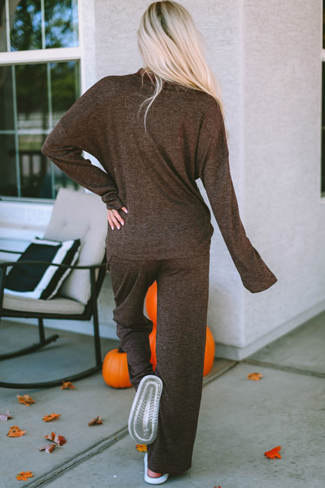 Brown Ribbed Knit Collared Henley Top and Pants Lounge Set