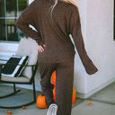  Brown Ribbed Knit Collared Henley Top and Pants Lounge Set