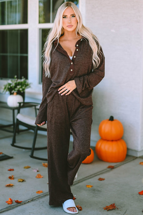 Brown Ribbed Knit Collared Henley Top and Pants Lounge Set