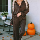  Brown Ribbed Knit Collared Henley Top and Pants Lounge Set
