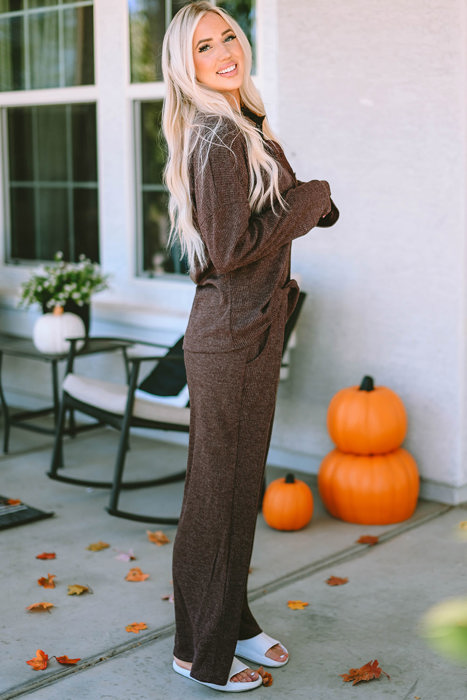 Brown Ribbed Knit Collared Henley Top and Pants Lounge Set