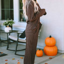  Brown Ribbed Knit Collared Henley Top and Pants Lounge Set