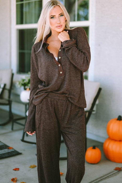 Brown Ribbed Knit Collared Henley Top and Pants Lounge Set