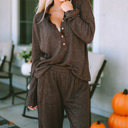  Brown Ribbed Knit Collared Henley Top and Pants Lounge Set