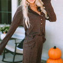  Brown Ribbed Knit Collared Henley Top and Pants Lounge Set
