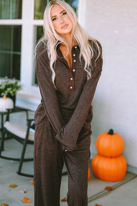 Brown Ribbed Knit Collared Henley Top and Pants Lounge Set